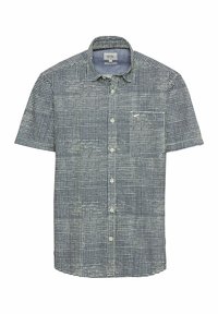 Korte mouwen overhemd met knopen, marineblauw en wit geruit patroon, katoenen stof, één borstzak, rechte zoom, klassieke kraag.