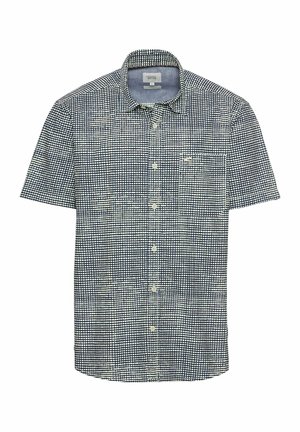 Short-sleeve button-up shirt, navy and white checker pattern, cotton fabric, single chest pocket, straight hem, classic collar.