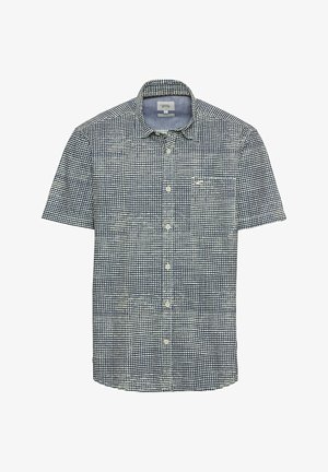 Korte mouwen overhemd met knopen, marineblauw en wit geruit patroon, katoenen stof, één borstzak, rechte zoom, klassieke kraag.