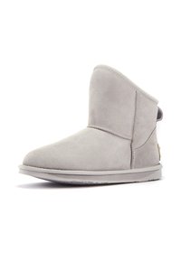 Grauer Wildleder-Ankle-Boot mit abgerundeter Zehenpartie, weicher Oberflächenstruktur und einer kleinen Schlaufe an der Rückseite, ausgestattet mit einer leichten Gummisohle.