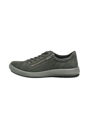 Casual dark gray suede sneaker with lace-up front, side zipper, and light gray sole, shown from the inner side.