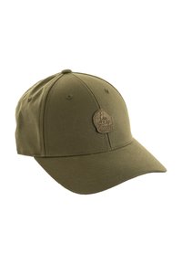 Gorra de béisbol de color verde oliva con visera curva, con tela texturizada y un parche con logo en relieve en la parte delantera.