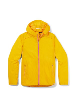 Yellow waterproof jacket with a hood, front zipper, and purple zipper accents. Features two side pockets and a lightweight, smooth texture.