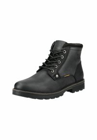 Sorte læder ankle boots med rund tå, snørebåndsdesign, robust sål, forstærkede snørehuller og logoaccent på tungen.