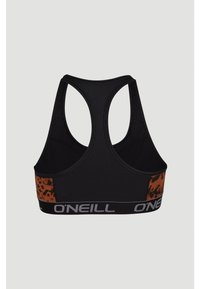 Černá sportovní podprsenka s designem racerback, zdobená hnědým zvířecím potiskem a výrazným logem O'Neill na elastickém pásu.