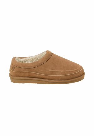 Tanfarbene Wildlederschuhe mit einem weichen, cremefarbenen Futter, niedrigem Profil und einer strukturierten Gummisohle. Verfügt über dezente gestickte Details im oberen Bereich.