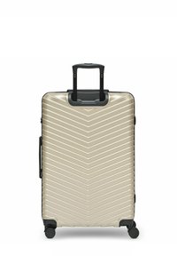 Hartschalentrolley in Beige mit Zickzackmuster, schwarzer teleskopierbarer Griff, Seitengriff und vier schwarzen Spinner-Rädern.