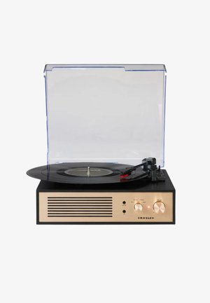 Platine Crosley style vintage avec disque vinyle en rotation, base en bois, panneau avant doré, boutons de contrôle et couvercle anti-poussière transparent relevé.