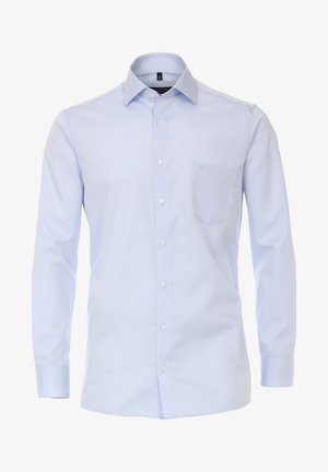 Helles blaues Langarmhemd mit umgeschlagenem Kragen, Knopfverschluss und einer Brusttasche. Hergestellt aus einem glatten Stoff mit dezentem Glanz.