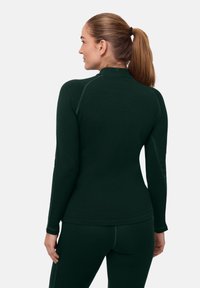 Frau mit hellbraunem Pferdeschwanz, die ein dunkelgrünes, langärmliges, enganliegendes Oberteil und passende Hosen trägt, von hinten gesehen.