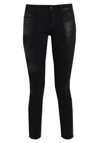 Jean skinny noir en denim, présentant des détails usés avec des éléments déchirés à l'avant. Design classique à 5 poches avec fermeture à bouton.