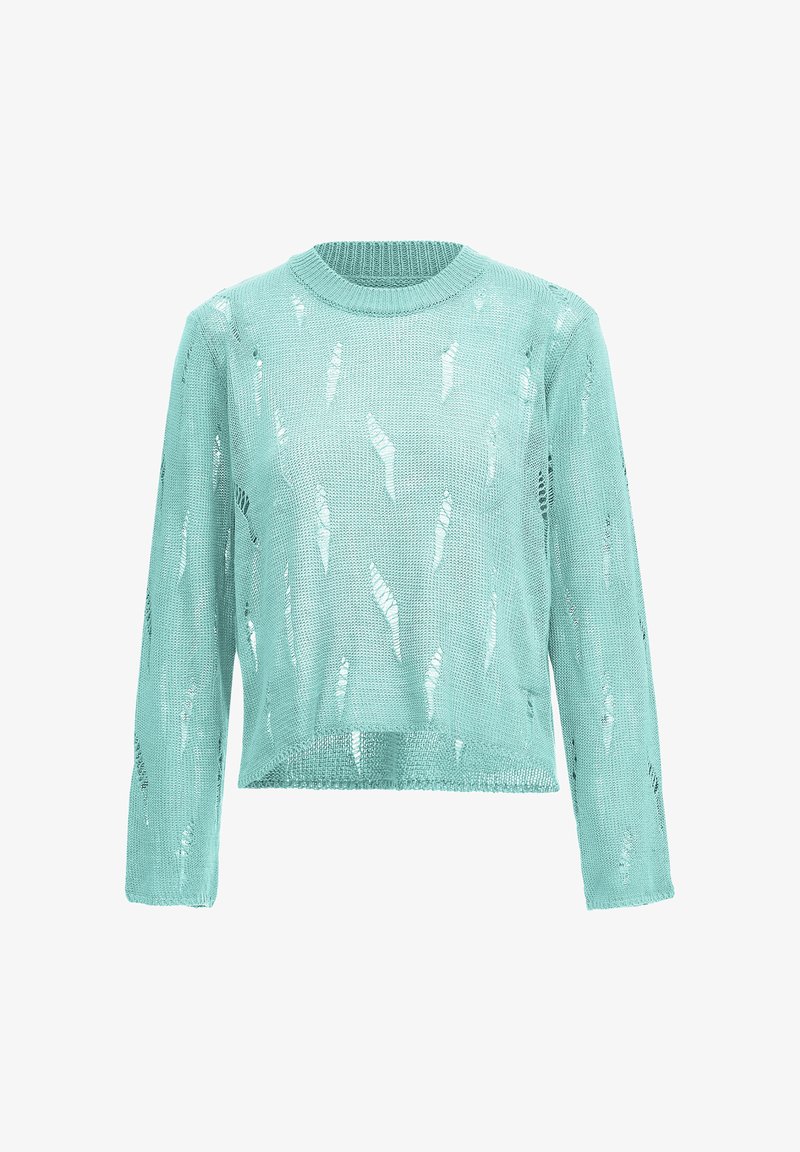 Pulover tricotat bleu deschis, cu mâneci lungi, guler rotund și țesătură deschisă, cu modele diagonale subtile pe întreaga suprafață.