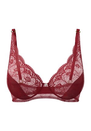 Rød blonde-bøjle-bh med blomsterprint, justerbare stropper og guldfarvede metalringe og detaljer, vist på en hvid baggrund.