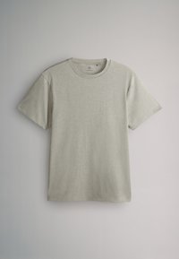 Hellbeiges T-Shirt mit kurzen Ärmeln und Rundhalsausschnitt, flach auf neutralem Hintergrund dargestellt.