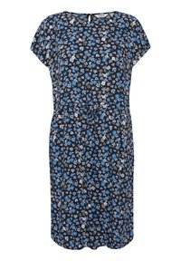 Květinové šaty s tmavě modrým pozadím, představující malé modré, bílé a zelené květiny. Krátké rukávy, volný střih a výřez na krku.