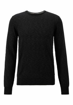 Schwarzer Pullover mit langen Ärmeln und rundem Halsausschnitt. Hergestellt aus strukturiertem Strickmaterial, mit gerippten Bündchen und Saum.