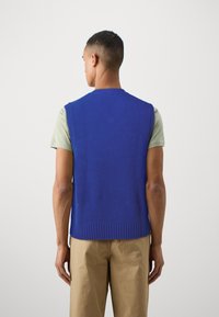 Blauwe gebreide mouwloze trui met verticale ribbels, ronde halslijn en een losse pasvorm, gedragen over een lichtgroen shirt met korte mouwen.