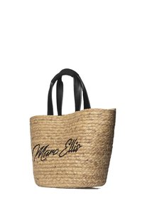 Borsa a tracolla in paglia intrecciata con manici in pelle nera e "Marco Ellis" ricamato in nero. Presenta un design spazioso e aperto.