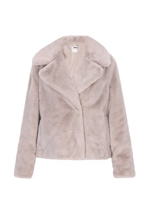 Šviesiai rožinės spalvos dirbtinio kailio švarkas su plačiu iškirpimu, ilgomis rankovėmis ir minkštu, tekstūruotu paviršiumi. Priekinis uždarymas ir nematomi užtrauktukai.