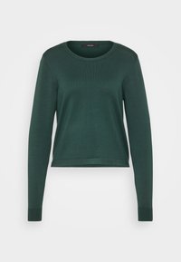 Pull vert, texture côtelée, col rond, manches longues et longueur courte. Matière lisse de couleur unie sans motifs ni accents visibles.