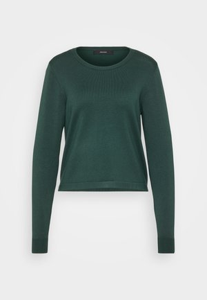 Grüner Pullover, gerippte Textur, Rundhalsausschnitt, lange Ärmel und cropped Länge. Glattes Material in einer einheitlichen Farbe ohne sichtbare Muster oder Akzente.