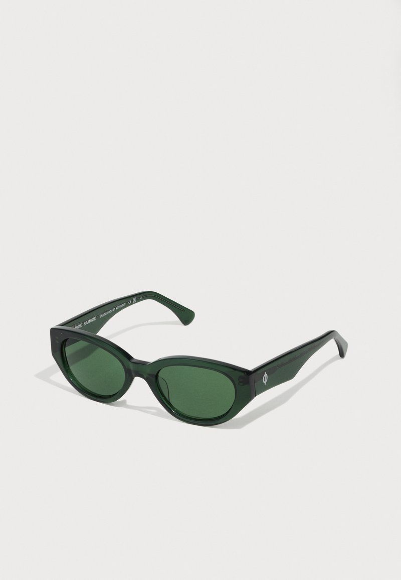 Green sunglasses with a glossy finish, rectangular frames, and dark green lenses. Features a subtle logo on the side of the temple.