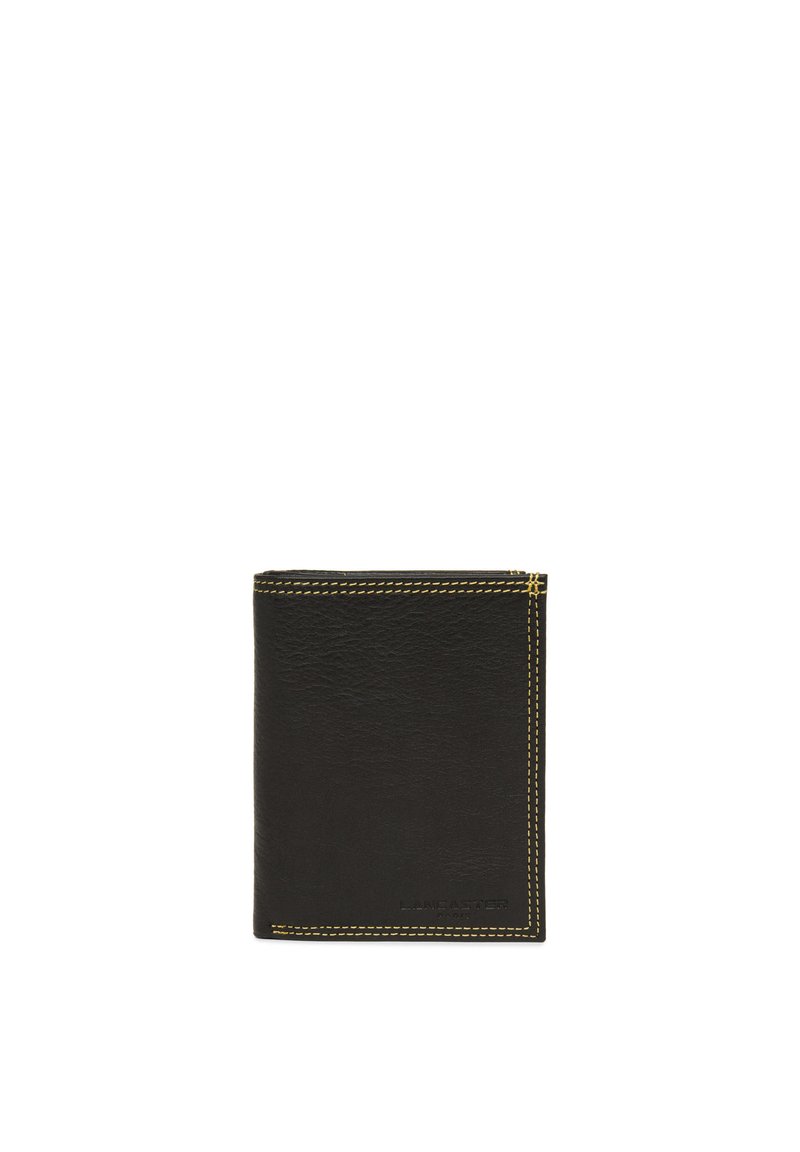Black leather wallet with yellow stitching, folded design, and smooth texture. Features a logo embossed on the front.