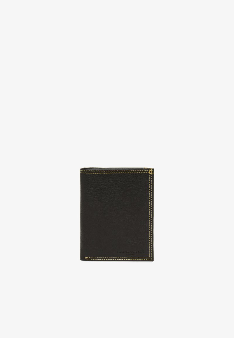 Black leather wallet with yellow stitching, folded design, and smooth texture. Features a logo embossed on the front.