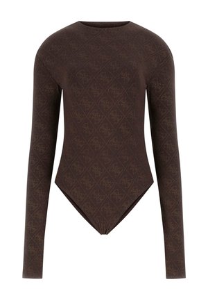 Brązowe body z długim rękawem w diamentowy wzór z delikatnymi akcentami. Materiał jest teksturowany i dopasowany, z głębokim kształtem w literę V na dole.