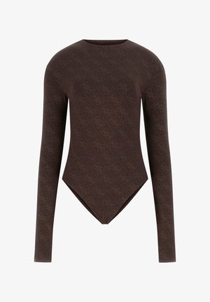 Bruine bodysuit met lange mouwen, voorzien van een ruitjespatroon met subtiele accenten. De stof is getextureerd en nauwsluitend, met een diepe V-vormige onderkant.