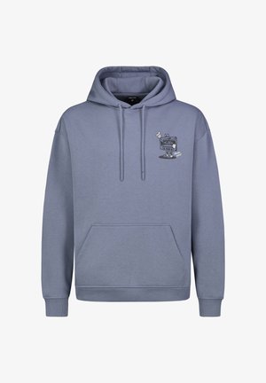 Grau Hoodie mit Kängurutasche, versehen mit einem Cartoon-Roboter-Graphic auf der linken Brust. Hergestellt aus weichem Material mit gerippten Bündchen.