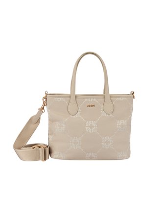 Borsa rettangolare beige con due manici superiori, tracolla rimovibile e tessuto con motivo circolare sottile con logo del marchio sulla parte anteriore.
