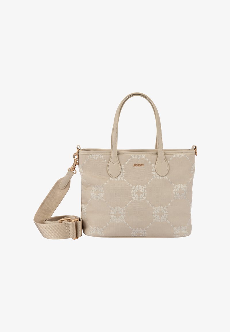 Bolso rectangular beige con dos asas superiores, correa de hombro desmontable y tela sutil con patrón circular y logotipo de la marca en el frente.