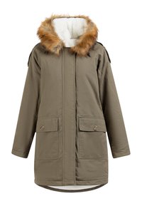 Khaki parka dzseki műszőrme kapucnival, gombos záródással, két elülső zsebbel és puha, texturált béléssel. Ellenálló anyag, laza illeszkedéssel.