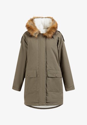 Jachetă parka khaki cu glugă din blană sintetică, închidere cu nasturi, două buzunare frontale și un căptușeală moale, texturată. Material rezistent cu o croială lejeră.