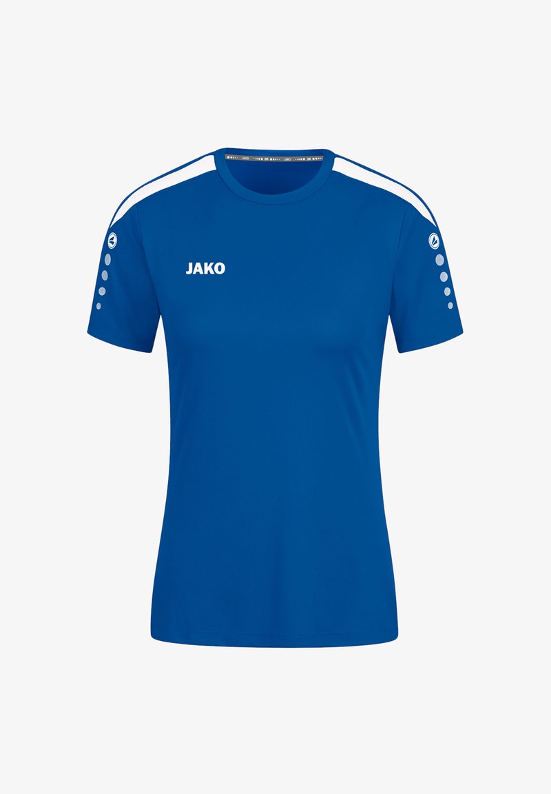 Blaues kurzärmeliges Sportshirt aus glattem Material mit weißen Akzenten an den Schultern und Logo. Mit Rundhalsausschnitt und körpernaher Passform.