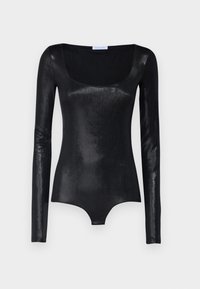 Body a maniche lunghe nero realizzato in un tessuto lucido e liscio, con scollatura quadrata e silhouette aderente. Hardware minimale e nessun motivo visibile.