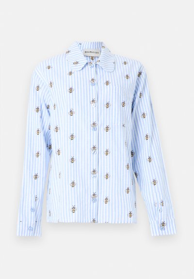 Light blue and white striped long-sleeve button-up shirt with small embroidered bees all over and a front chest pocket.