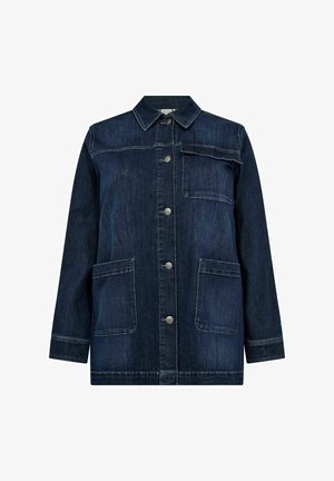 Giacca in denim scuro con chiusura a bottoni sul davanti, due ampie tasche laterali e una tasca sul petto. Include un colletto e maniche lunghe.