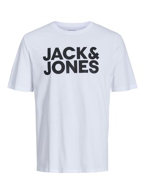 Balta medvilninė marškinėlių su dideliu juodu "JACK & JONES" logotipo spaudiniu priekyje. Apvaliu kaklu, trumpomis rankovėmis ir laisvu kirpimu.