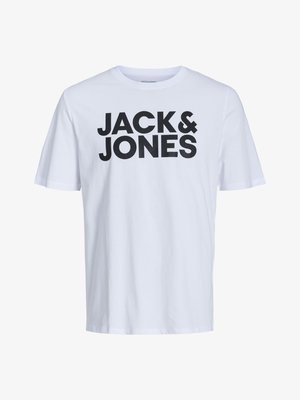 Witte katoenen t-shirt met grote zwarte "JACK & JONES" logo-print op de voorkant. Ronde hals, korte mouwen en een ontspannen pasvorm.