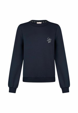 Sweat-shirt à manches longues bleu marine avec poignets et ourlet côtelés, arborant un petit logo en script blanc brodé sur le côté gauche de la poitrine.