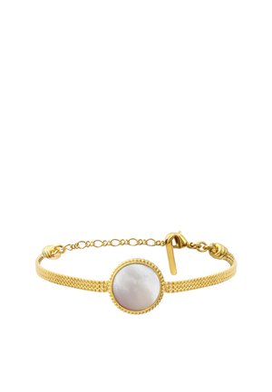 Bracelet en or avec un bandeau en maille fine et un centre rond en nacre blanche, fermé par une petite chaîne à bascule en or.