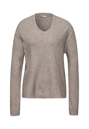 Beige pletený svetr s dlouhými rukávy a výstřihem do V, se šikmými a vertikálními texturovanými vzory na přední části a rukávech.