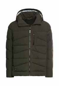 Puffjakke i mørkegrøn, med hætte, lynlås foran og chevron-quiltet design. Inkluderer en brystlomme med lynlås.