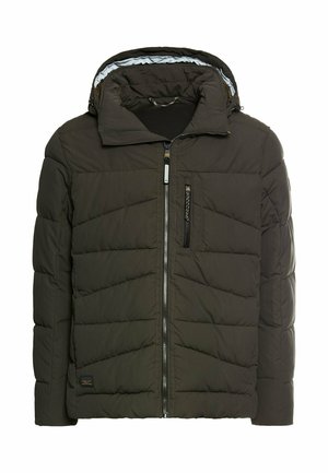 Donkergroene pufferjack met capuchon, rits aan de voorkant en chevron-quiltpatroon. Inclusief een borstzak met rits.