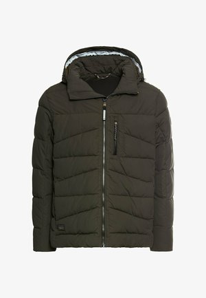 Daunenjacke in Dunkelgrün, mit Kapuze, Reißverschluss vorne und Chevron-Steppdesign. Enthält eine Brusttasche mit Reißverschluss.