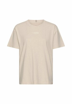 Beige short-sleeve crew neck t-shirt with small white "LIVING" text centered on the chest, plain design on a white background.
