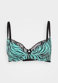 Beha in turquoise met zwarte zebra-stripes, met kant langs de bovenkant en zwarte verstelbare banden. Details omvatten een kleine uitsnede in het midden.