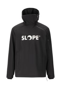 Sort softshell jakke med høj krave, hvid "SLOPE" logo, lynlåslomme på brystet og sidelommer, med en glat tekstur og sporty design.
